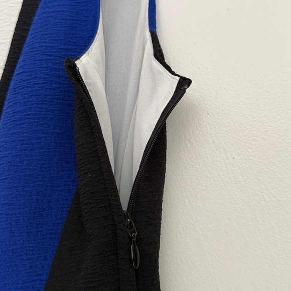 H&M Blue Black White Open Back Peplum Top Side Zip Business Wear Size 6 - Picture 2 of 14